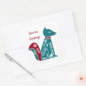 Scandinavisch blauw en rood vos vierkante sticker (Envelop)