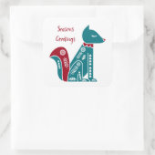 Scandinavisch blauw en rood vos vierkante sticker (Tas)