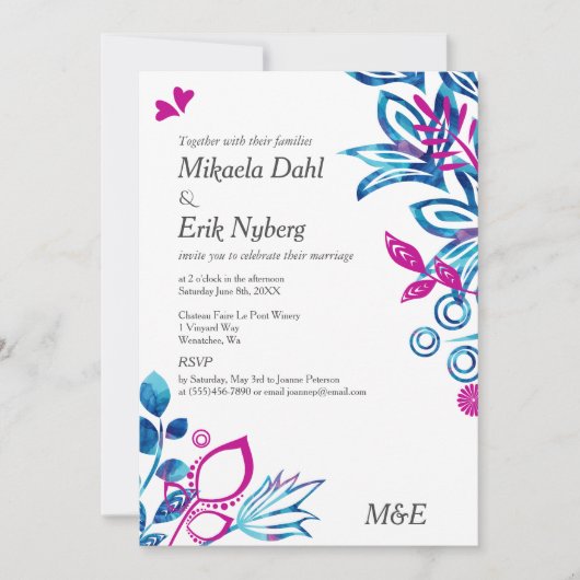 Scandinavisch blauw en roze patroon bruiloft kaart (Voorkant)