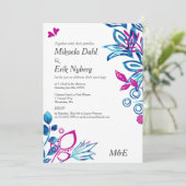 Scandinavisch blauw en roze patroon bruiloft kaart (Staand voorkant)