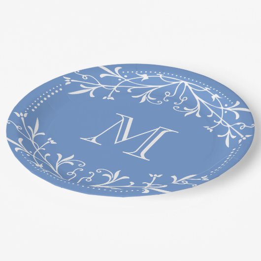 Scandinavisch blauw en wit stijlvol monogram papieren bordje (Gekanteld)