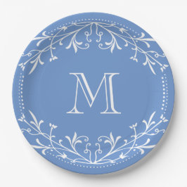 Scandinavisch blauw en wit stijlvol monogram papieren bordje