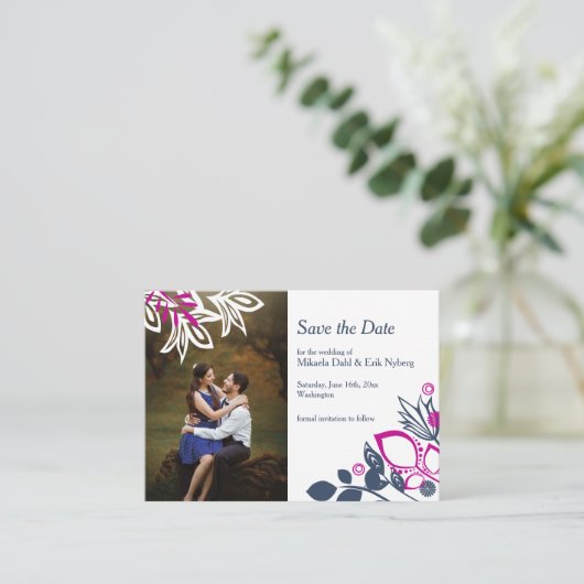 Scandinavisch blauw, grijs en roze Save-the-Date Advieskaart (Staand voorkant)