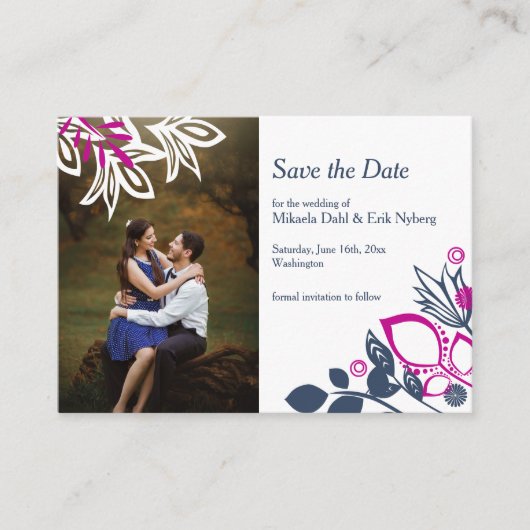 Scandinavisch blauw, grijs en roze Save-the-Date Advieskaart (Voorkant)