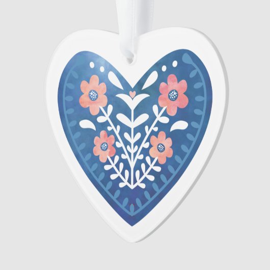 Scandinavisch blauw Heart Folk Art AcrylOrnament Ornament (voorkant)