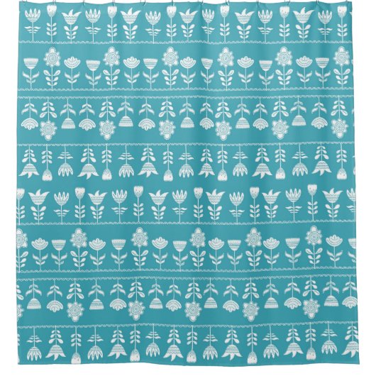 Scandinavisch blauw met witte bloemen douchegordijn (Voorkant)