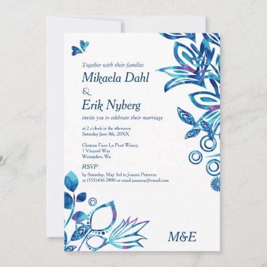 Scandinavisch blauw patroon bruiloft kaart (Voorkant)