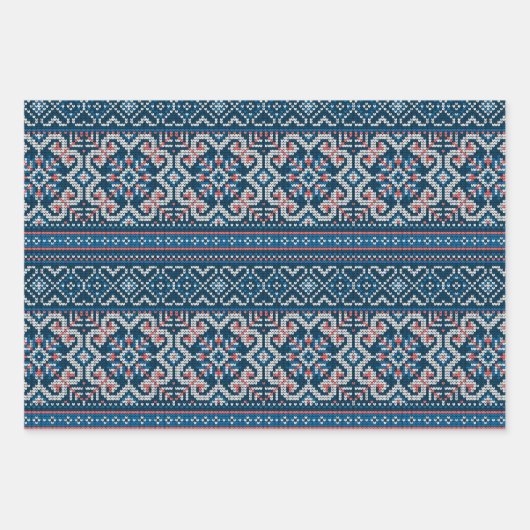 Scandinavisch Blauw & Perzik Winter Trui Patroon Inpakpapier Vel (Voorkant 3)