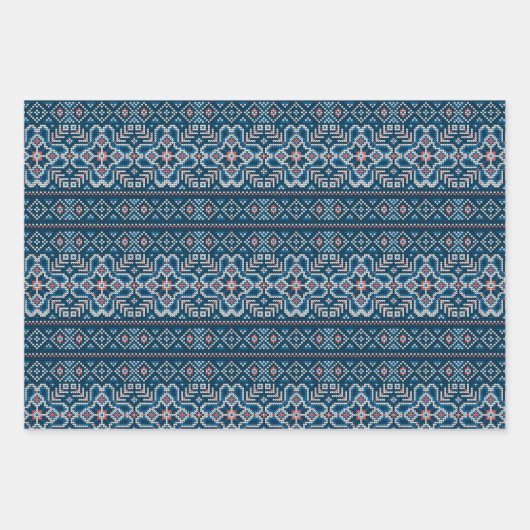 Scandinavisch Blauw & Perzik Winter Trui Patroon Inpakpapier Vel (Voorkant 2)