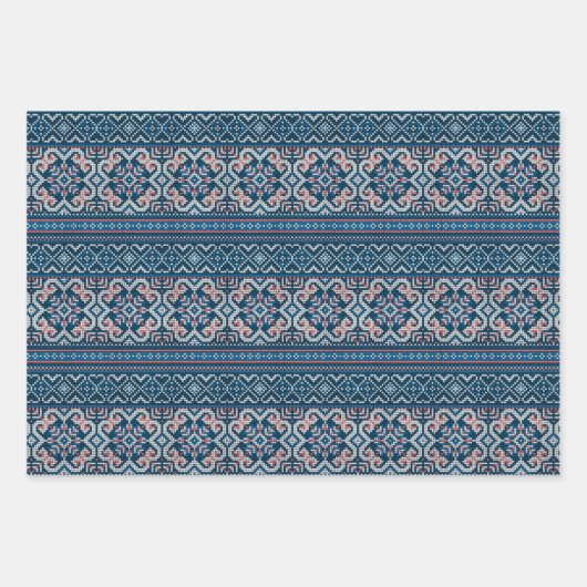 Scandinavisch Blauw & Perzik Winter Trui Patroon Inpakpapier Vel (Voorkant)