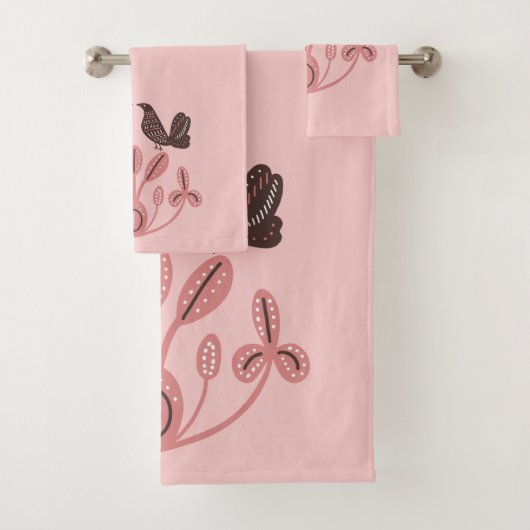 Scandinavisch bloemmotief roze bruin bad handdoek (Insitu)