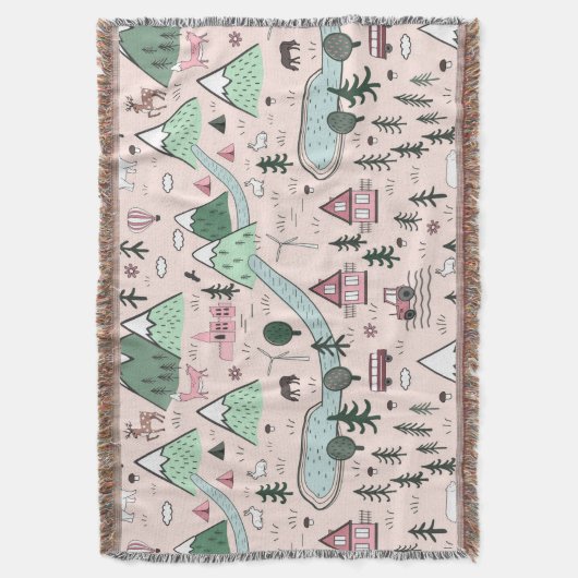 Scandinavisch Boerderij Town Pattern roze Deken (Voorkant Verticaal)