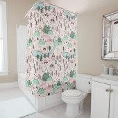 Scandinavisch Boerderij Town Pattern roze Douchegordijn (In situ)