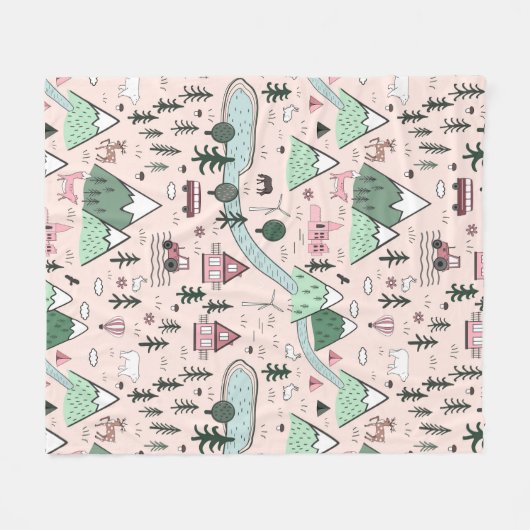 Scandinavisch Boerderij Town Pattern roze Fleece Deken (Voorkant (Horizontaal))
