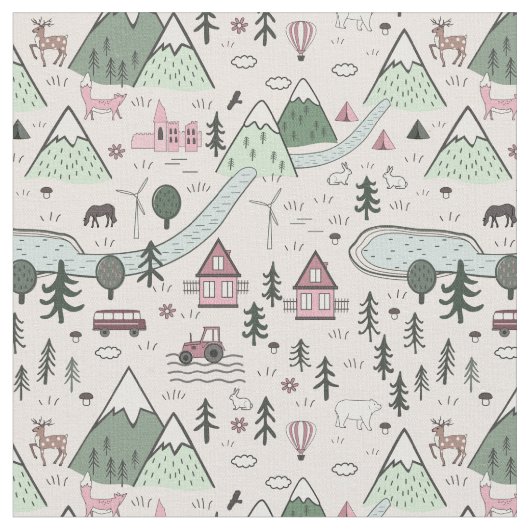 Scandinavisch Boerderij Town Pattern roze Stof (Close Up)