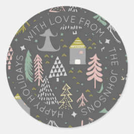 Scandinavisch Doodle-kerstdorp Gepersonaliseerd Ronde Sticker