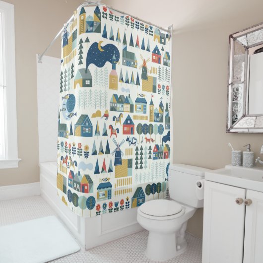 Scandinavisch dorp: pastel gezellig patroon. douchegordijn (In situ)