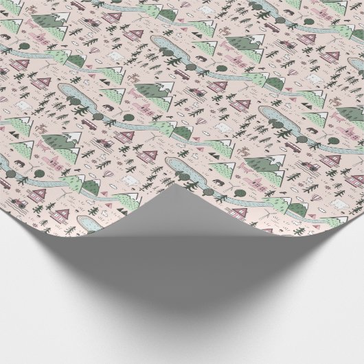 Scandinavisch dorpspatroon roze cadeaupapier (Hoek)