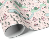 Scandinavisch dorpspatroon roze cadeaupapier (Rol Hoek)