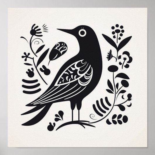 Scandinavisch Folk Bird Art Poster (Voorkant)