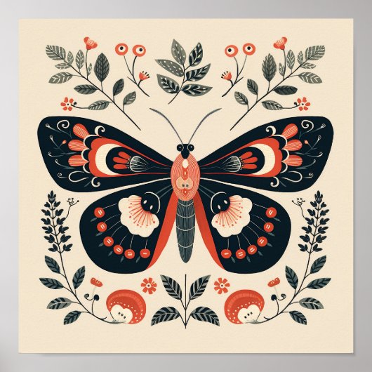 Scandinavisch Folk Butterfly Art Poster (Voorkant)