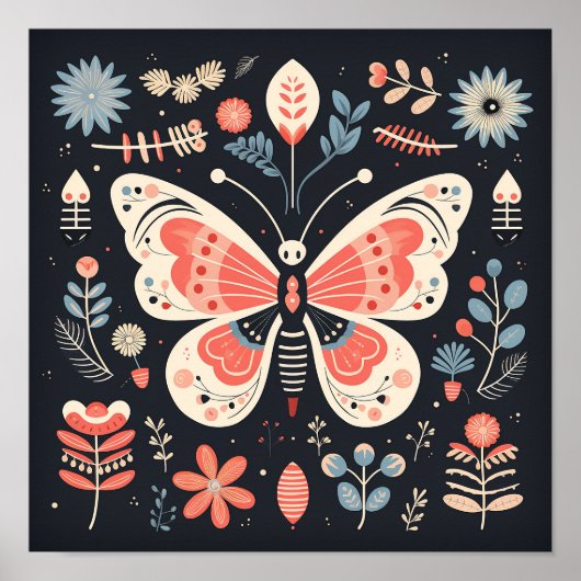 Scandinavisch Folk Butterfly Art Poster (Voorkant)