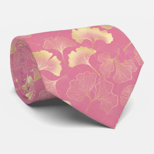 Scandinavisch Goud Ginkgo Botanisch Roze Patroon Stropdas