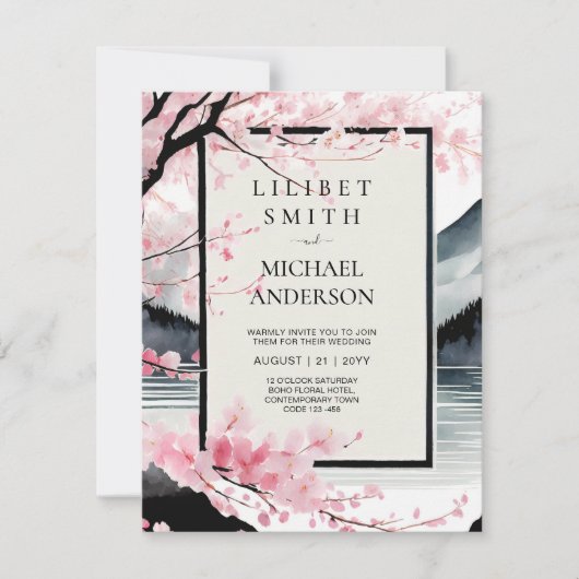 Scandinavisch Japandi bruiloft thema roze zwart Kaart (Voorkant)
