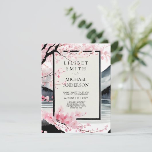 Scandinavisch Japandi bruiloft thema roze zwart Kaart (Staand voorkant)