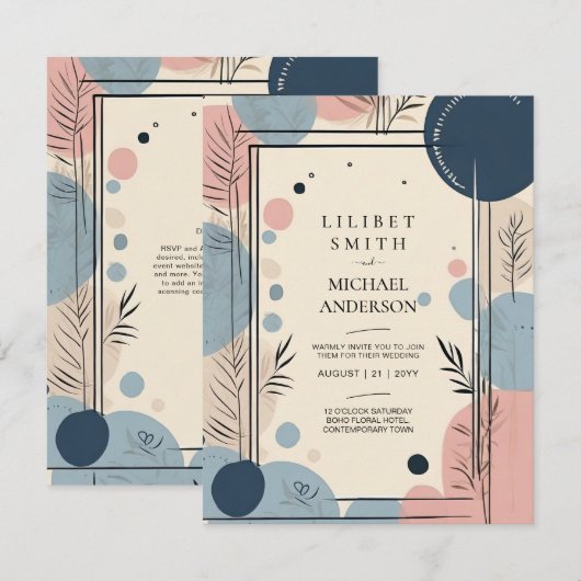 Scandinavisch Japandi Trouwthema Blush Blauw Kaart (Voorkant / Achterkant)