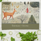 Scandinavisch kerst winterbos met rendieren theedoek (Gevouwen)