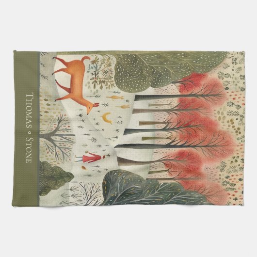 Scandinavisch kerst winterbos met rendieren theedoek (Horizontaal)