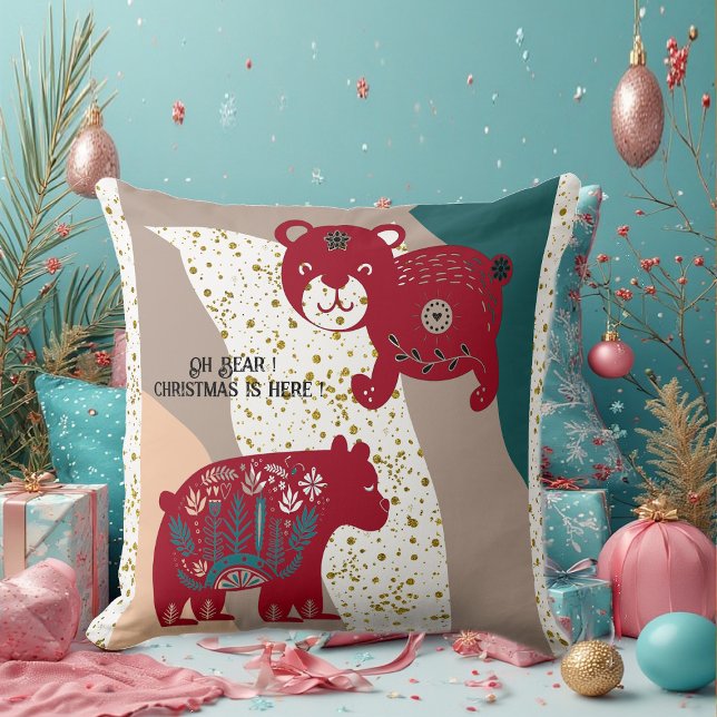 Scandinavisch kerstBeer Cat Snow Boho Bohemian Art Kussen (Nordic Christmas Bear Cat Snow Boho Bohemian Art Throw Pillow)