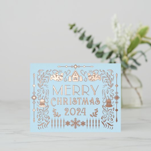 Scandinavisch kerstjaar blauw folie feestdagen briefkaart (Staand Voorkant)