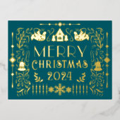 Scandinavisch kerstjaar Blauwgroen Folie Feestdagen Briefkaart (Voorkant)