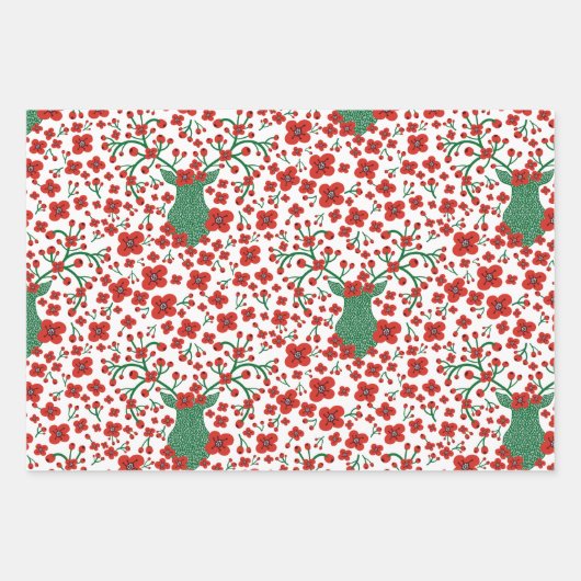 Scandinavisch kerstpatroon met bloemen en vogels inpakpapier vel (Voorkant 3)