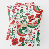 Scandinavisch kerstpatroon met bloemen en vogels inpakpapier vel (In situ)