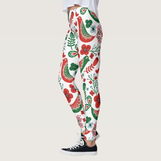 Scandinavisch kerstpatroon met bloemen en vogels leggings (Links)