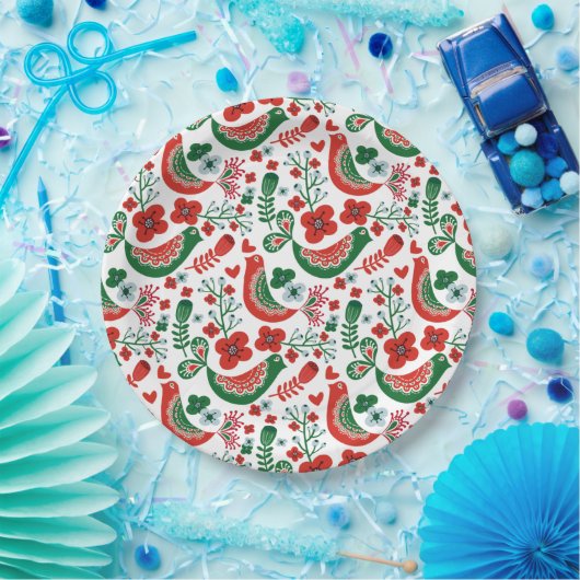 Scandinavisch kerstpatroon met bloemen en vogels papieren bordje (Feest)