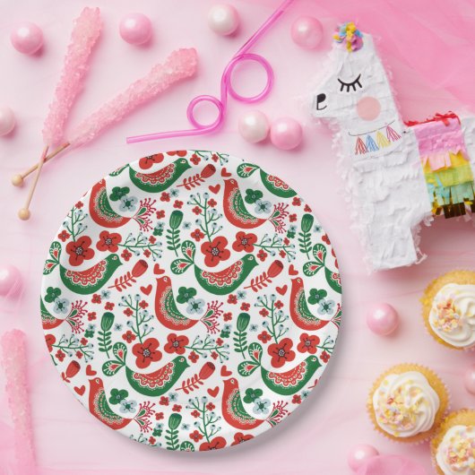 Scandinavisch kerstpatroon met bloemen en vogels papieren bordje (Feest)