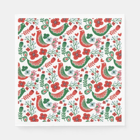 Scandinavisch kerstpatroon met bloemen en vogels servet (Voorkant)