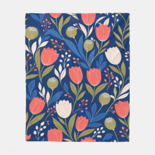 Scandinavisch Navy Blauwe Rode Tulp Bloemmotief Fleece Deken
