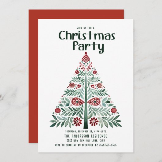 Scandinavisch Noords Groen Rood Kerstboomfeest Kaart (Voorkant / Achterkant)