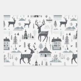 Scandinavisch ornament herten wit zwart eenvoudig inpakpapier vel