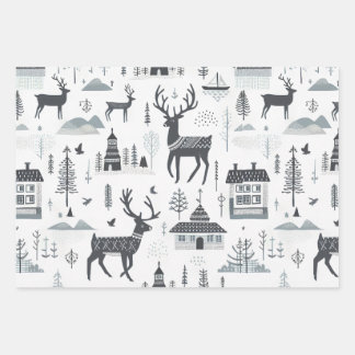 Scandinavisch ornament herten wit zwart eenvoudig inpakpapier vel