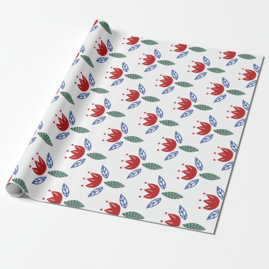 Scandinavisch rood blauw flessenpatroon kerstmis cadeaupapier (Uitgerold)