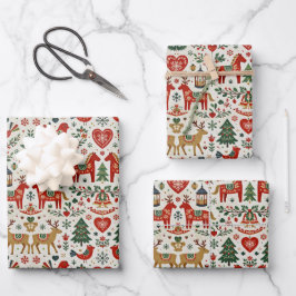 Scandinavisch rood en groen volks kerstpatroon inpakpapier vel