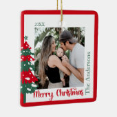Scandinavisch rood & groen één foto Vrolijk kerstf Keramisch Ornament (Rechts)