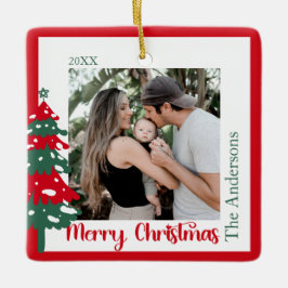 Scandinavisch rood & groen één foto Vrolijk kerstf Keramisch Ornament