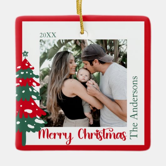 Scandinavisch rood & groen één foto Vrolijk kerstf Keramisch Ornament (Voorkant)